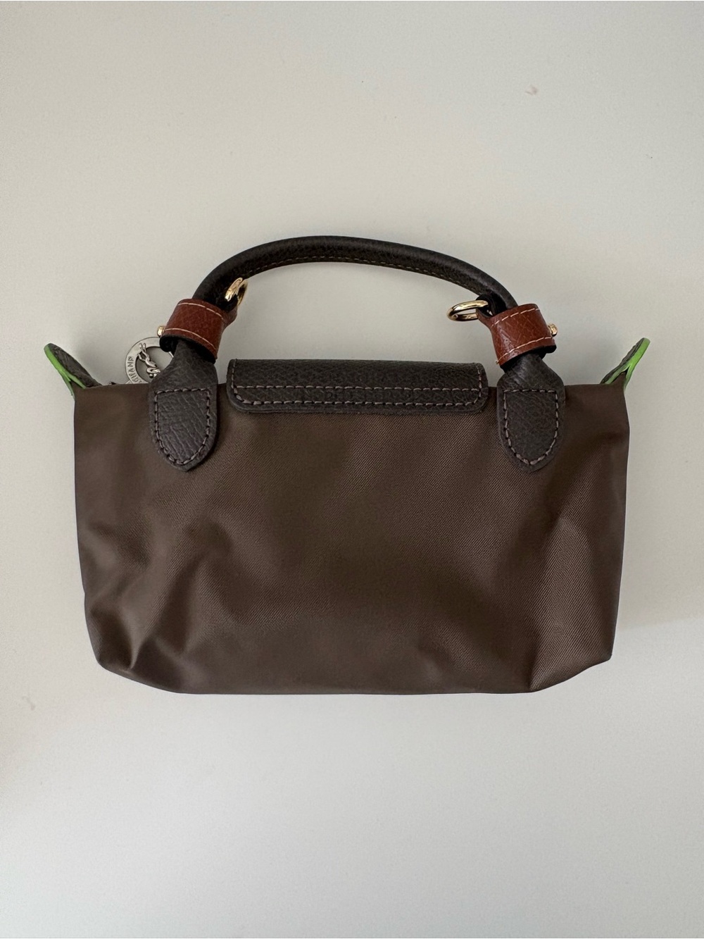 Longchamp Le Pliage XS Brown Leather & Nylon Crossbody Top Handle Rare Lime Trim - Picture 5 of 11